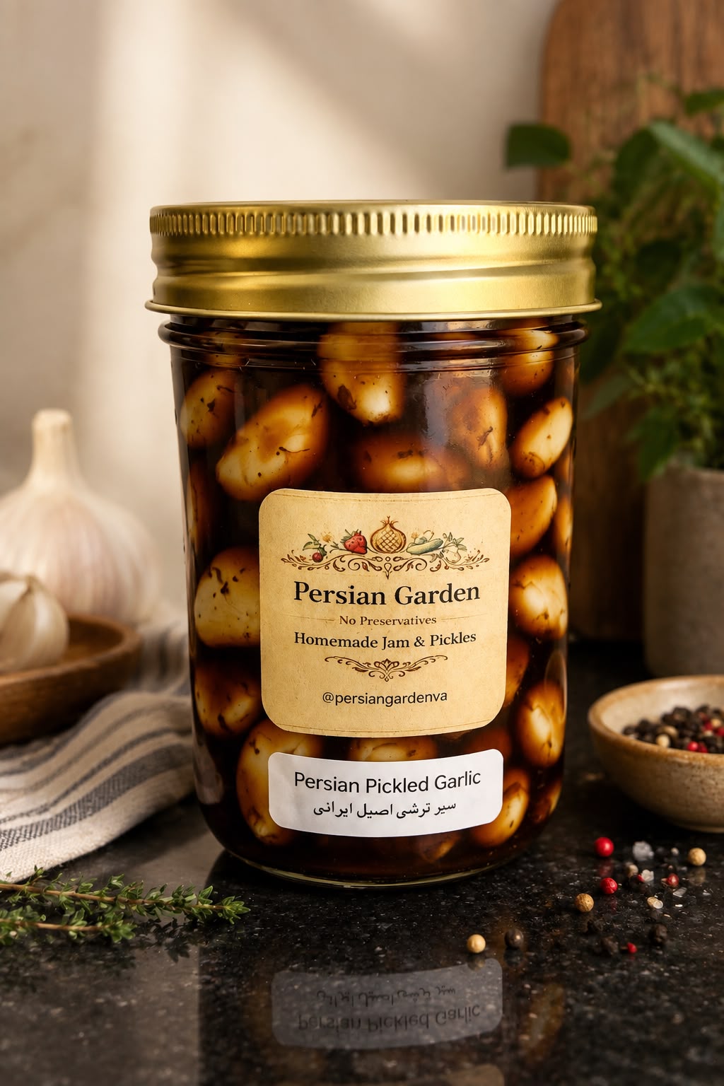 Jar of Persian pickled garlic