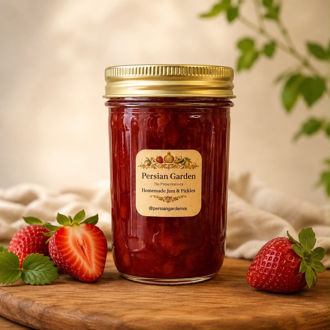 Jar of homemade strawberry jam with fresh strawberries